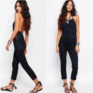 NWTFree People Hearts on Fire Denim Jumpsuit Tijuana Halterall Size 8  Dark Blue